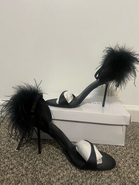 Good American Black Feather Trim Stiletto Heels